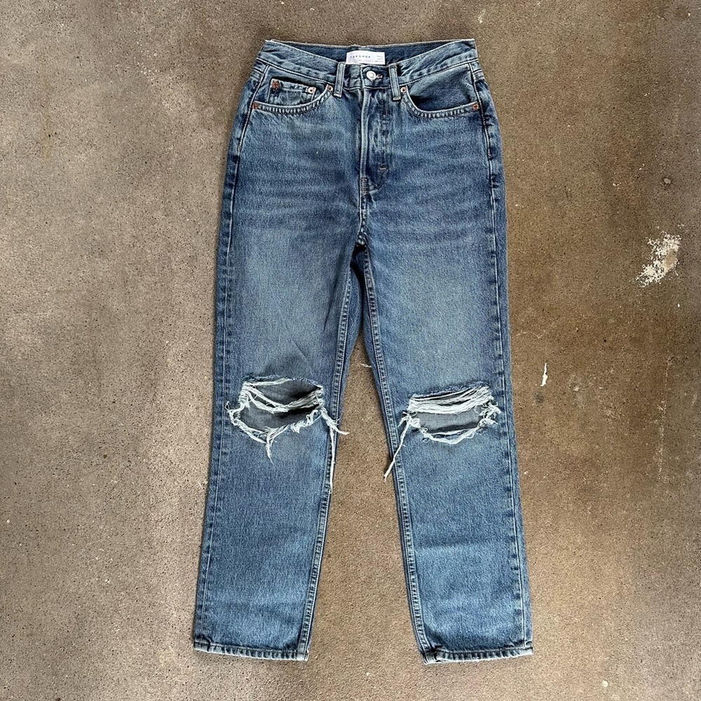 Topshop Dad Jean in Medium Wash Ripped Knees Size 26W 30L Denim Distressed